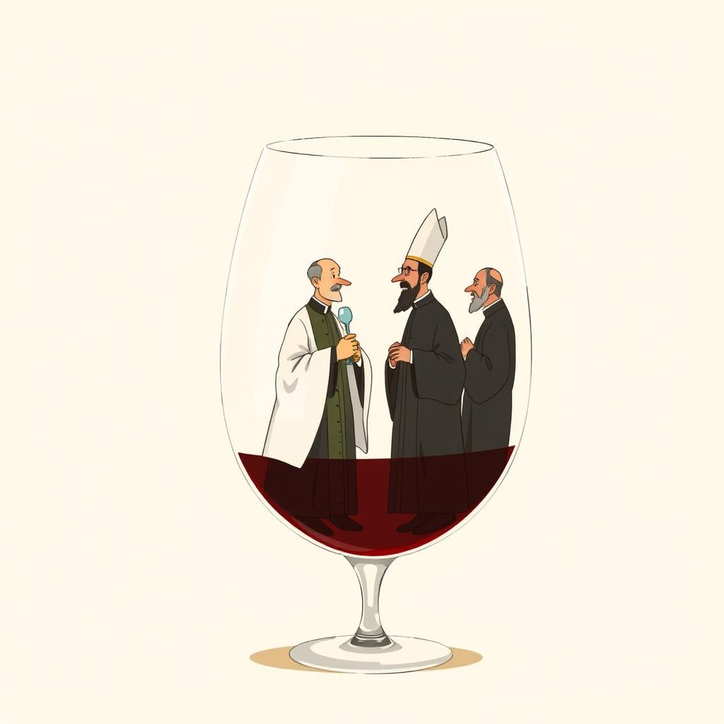 A whimsical illustration of four priests standing inside a giant wineglass