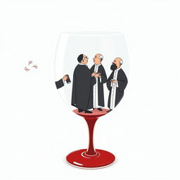 A whimsical illustration of four priests standing inside a giant wineglass