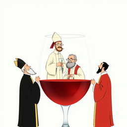 A whimsical illustration of four priests standing inside a giant wineglass