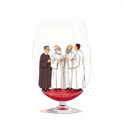 A whimsical illustration of four priests standing inside a giant wineglass