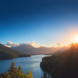 A beautiful landscape featuring a serene lake surrounded by lush green trees and mountains in the background