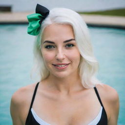 Boudoir photo of a girl 30 years, average build, with white hair in black swimsuit swimming. Proportional long square facial features, dimples in the cheeks, bow lips, large black eyebrows, smooth green medium eyes, swarthy skin.