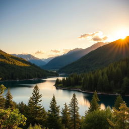 A beautiful landscape featuring a serene lake surrounded by lush green trees and mountains in the background