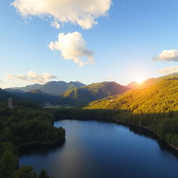 A beautiful landscape featuring a serene lake surrounded by lush green trees and mountains in the background