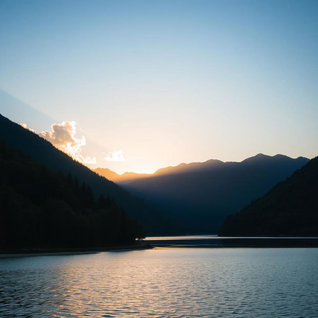 A beautiful landscape featuring a serene lake surrounded by lush green trees and mountains in the background