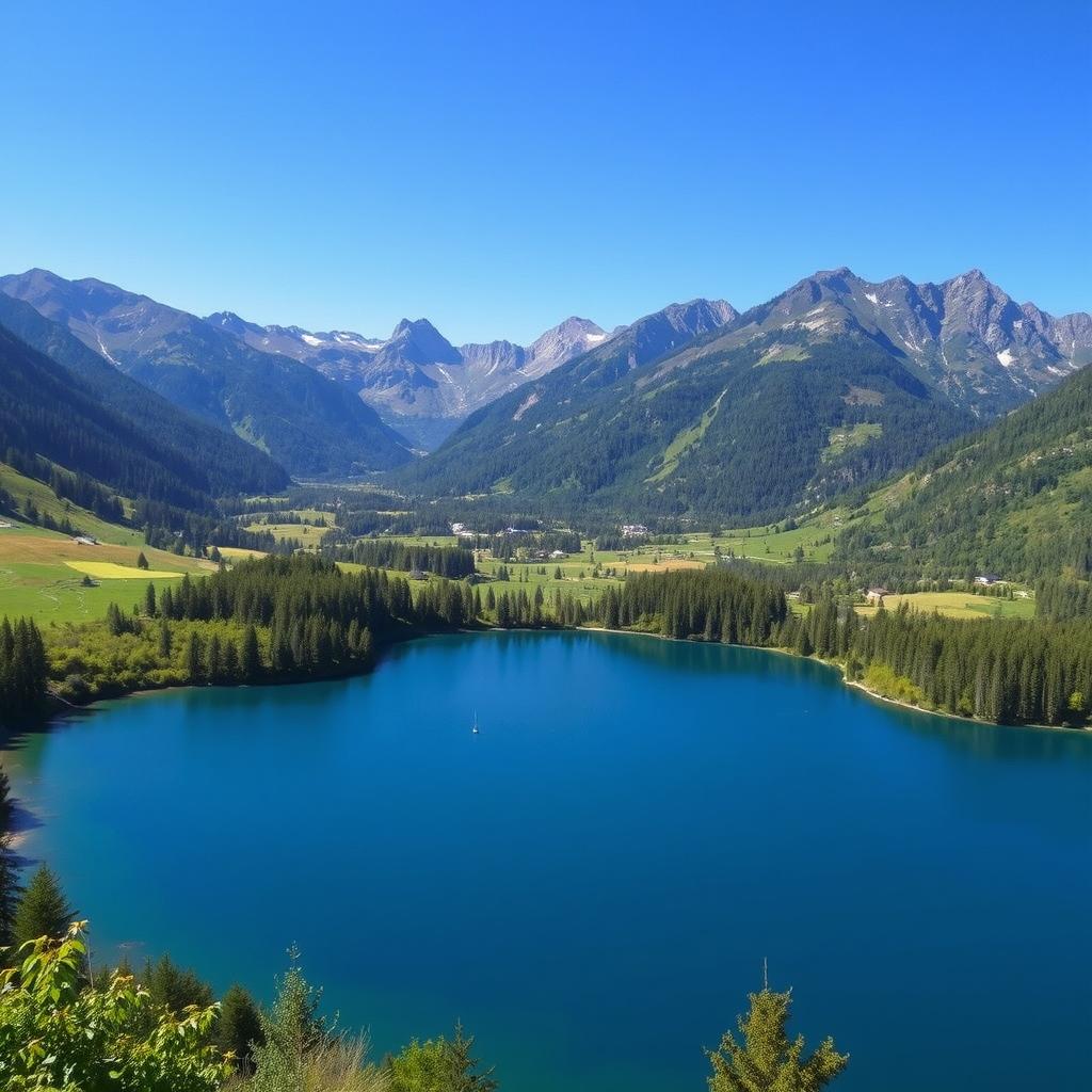 A beautiful landscape featuring a serene lake surrounded by lush greenery and mountains in the background under a clear blue sky