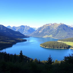 A beautiful landscape featuring a serene lake surrounded by lush greenery and mountains in the background under a clear blue sky