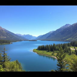 A beautiful landscape featuring a serene lake surrounded by lush greenery and mountains in the background under a clear blue sky