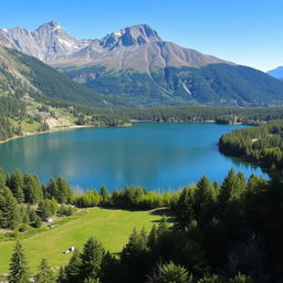 A beautiful landscape featuring a serene lake surrounded by lush greenery and mountains in the background under a clear blue sky