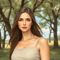 A detailed portrait of a woman with a serene expression, standing in a natural outdoor setting with trees and a clear sky in the background