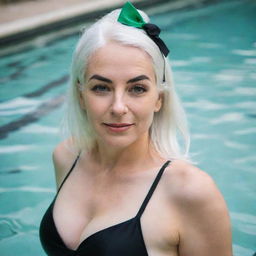 Boudoir photo of a girl 30 years, average build, with white hair in black swimsuit swimming. Proportional long square facial features, dimples in the cheeks, bow lips, large black eyebrows, smooth green medium eyes, swarthy skin.