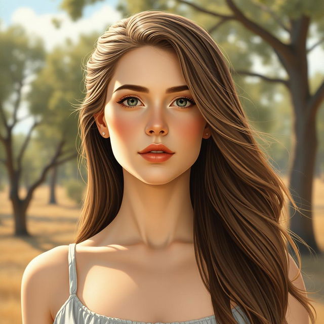 A detailed portrait of a woman with a serene expression, standing in a natural outdoor setting with trees and a clear sky in the background