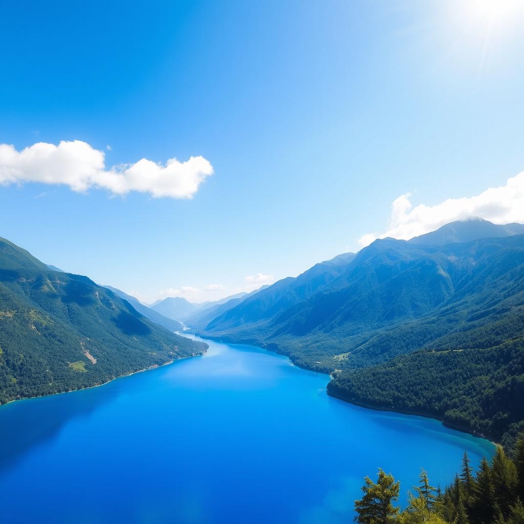 A beautiful and serene landscape featuring a clear blue lake surrounded by lush green mountains under a bright, sunny sky with a few fluffy clouds