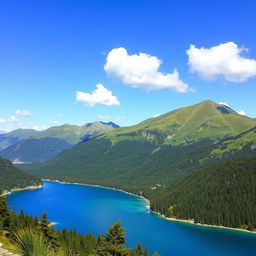 A beautiful and serene landscape featuring a clear blue lake surrounded by lush green mountains under a bright, sunny sky with a few fluffy clouds