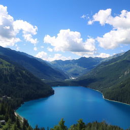 A beautiful and serene landscape featuring a clear blue lake surrounded by lush green mountains under a bright, sunny sky with a few fluffy clouds