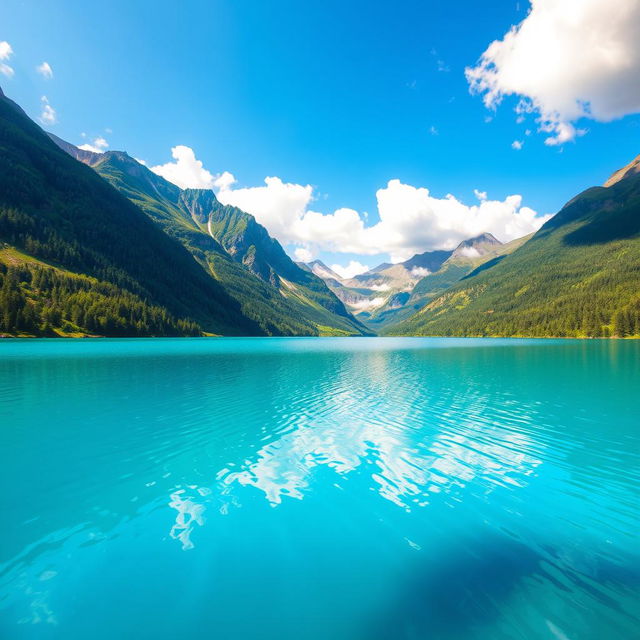 A beautiful and serene landscape featuring a clear blue lake surrounded by lush green mountains under a bright, sunny sky with a few fluffy clouds