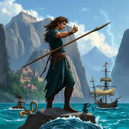 Create a YA fantasy adventure book cover featuring a tall hero wielding a magic spear