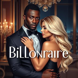 Create a realistic romance novel cover featuring a handsome black billionaire and his white, blonde-haired female lover