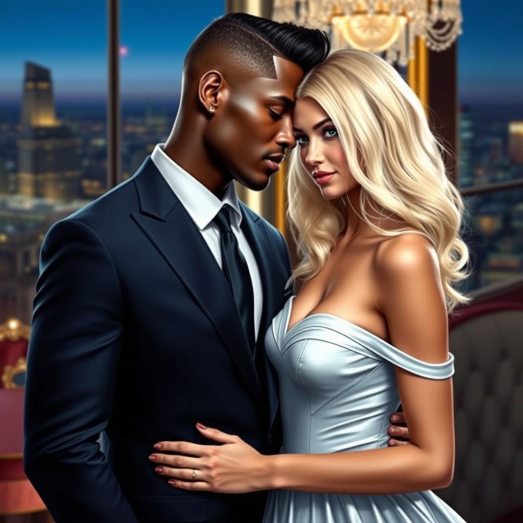 Create a realistic romance novel cover featuring a handsome black billionaire and his white, blonde-haired female lover