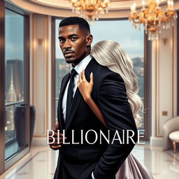 Create a realistic romance novel cover featuring a handsome black billionaire and his white, blonde-haired female lover