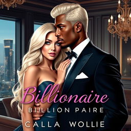 Create a realistic romance novel cover featuring a handsome black billionaire and his white, blonde-haired female lover