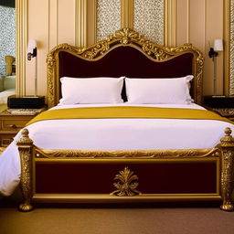 A luxurious, king-sized bed with rich satin sheets, plush pillows, an ornate headboard and gold accents.