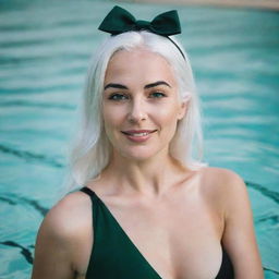 Boudoir photo of a girl 30 years, average build, with white hair in black swimsuit swimming. Proportional long square facial features, dimples in the cheeks, bow lips, large black eyebrows, smooth green medium eyes, swarthy skin.