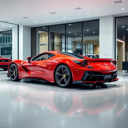 A Ferrari SF90 Stradale displayed in a luxurious showroom