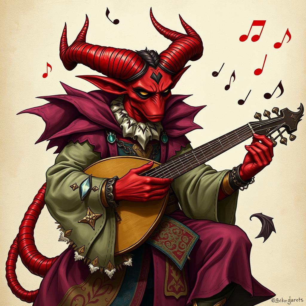 A detailed illustration of a tiefling bard playing a lute