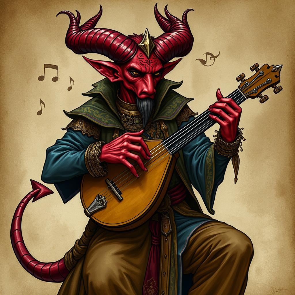 A detailed illustration of a tiefling bard playing a lute