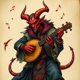 A detailed illustration of a tiefling bard playing a lute