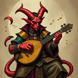 A detailed illustration of a tiefling bard playing a lute