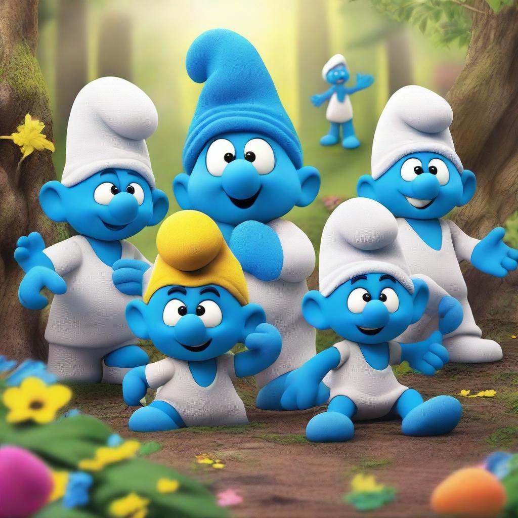 A humorous movie poster for 'Livingwater Mascot Movie' featuring a Smurf convention with an unexpected twist