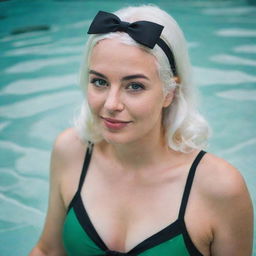 Boudoir photo of a girl 30 years, average build, with white hair in black swimsuit swimming. Proportional long square facial features, dimples in the cheeks, bow lips, large black eyebrows, smooth green medium eyes, swarthy skin.