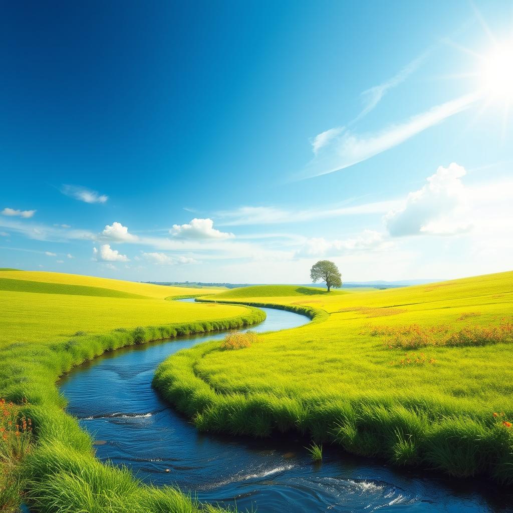 Create a vibrant and captivating image with a serene landscape, featuring a clear blue sky, lush green fields, and a calm river flowing through the scene