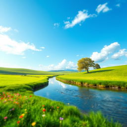 Create a vibrant and captivating image with a serene landscape, featuring a clear blue sky, lush green fields, and a calm river flowing through the scene