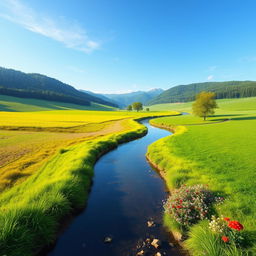 Create a vibrant and captivating image with a serene landscape, featuring a clear blue sky, lush green fields, and a calm river flowing through the scene