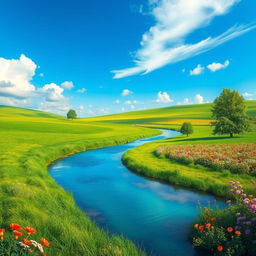 Create a vibrant and captivating image with a serene landscape, featuring a clear blue sky, lush green fields, and a calm river flowing through the scene