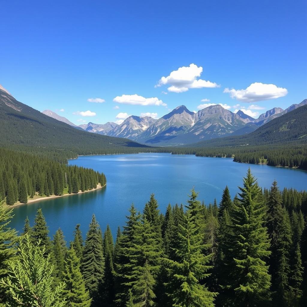 A beautiful landscape featuring a serene lake surrounded by lush green forests and majestic mountains in the background, with a clear blue sky and a few fluffy white clouds