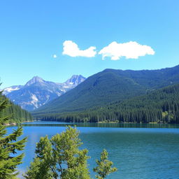 A beautiful landscape featuring a serene lake surrounded by lush green forests and majestic mountains in the background, with a clear blue sky and a few fluffy white clouds