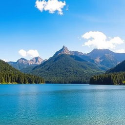 A beautiful landscape featuring a serene lake surrounded by lush green forests and majestic mountains in the background, with a clear blue sky and a few fluffy white clouds