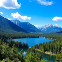 A beautiful landscape featuring a serene lake surrounded by lush green forests and majestic mountains in the background, with a clear blue sky and a few fluffy white clouds