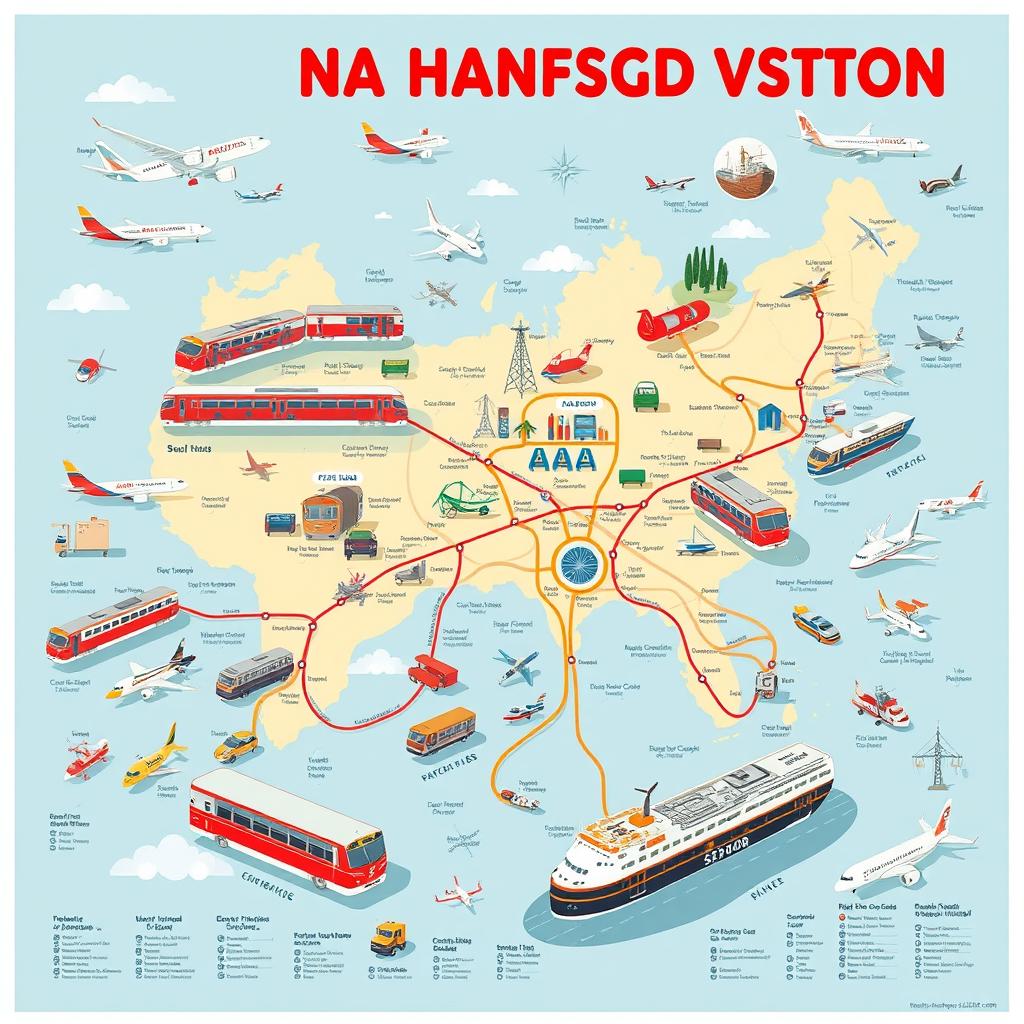 A detailed illustration of the national transportation system, showcasing various modes of transportation such as trains, buses, airplanes, and ships