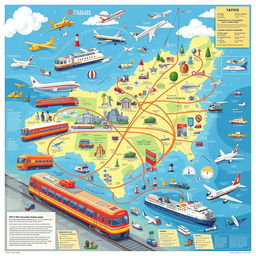 A detailed illustration of the national transportation system, showcasing various modes of transportation such as trains, buses, airplanes, and ships