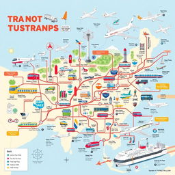 A detailed illustration of the national transportation system, showcasing various modes of transportation such as trains, buses, airplanes, and ships