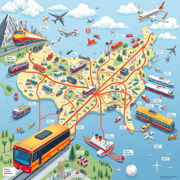 A detailed illustration of the national transportation system, showcasing various modes of transportation such as trains, buses, airplanes, and ships