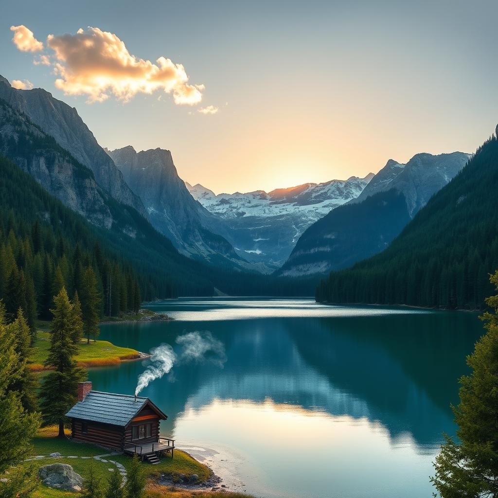 A beautiful landscape featuring a serene lake surrounded by lush green forests and majestic mountains in the background