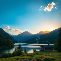 A beautiful landscape featuring a serene lake surrounded by lush green forests and majestic mountains in the background