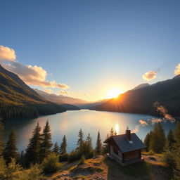 A beautiful landscape featuring a serene lake surrounded by lush green forests and majestic mountains in the background