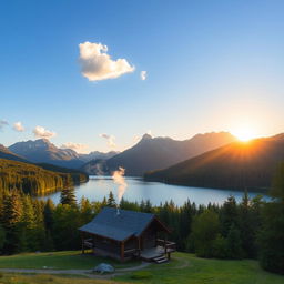 A beautiful landscape featuring a serene lake surrounded by lush green forests and majestic mountains in the background